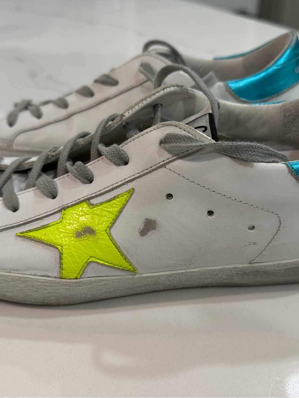 Golden Goose Deluxe Superstar Sneakers w/ Neon Yellow Star & Metallic Teal Heel - Picture 2 of 10